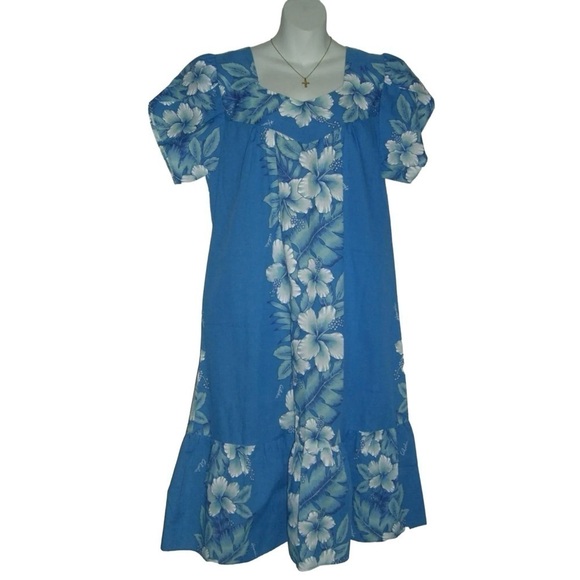 Vintage 80's Kalena Fashions Of Hawaii Dress Flower Blue MuMu Hibiscus Vacation - Picture 2 of 14